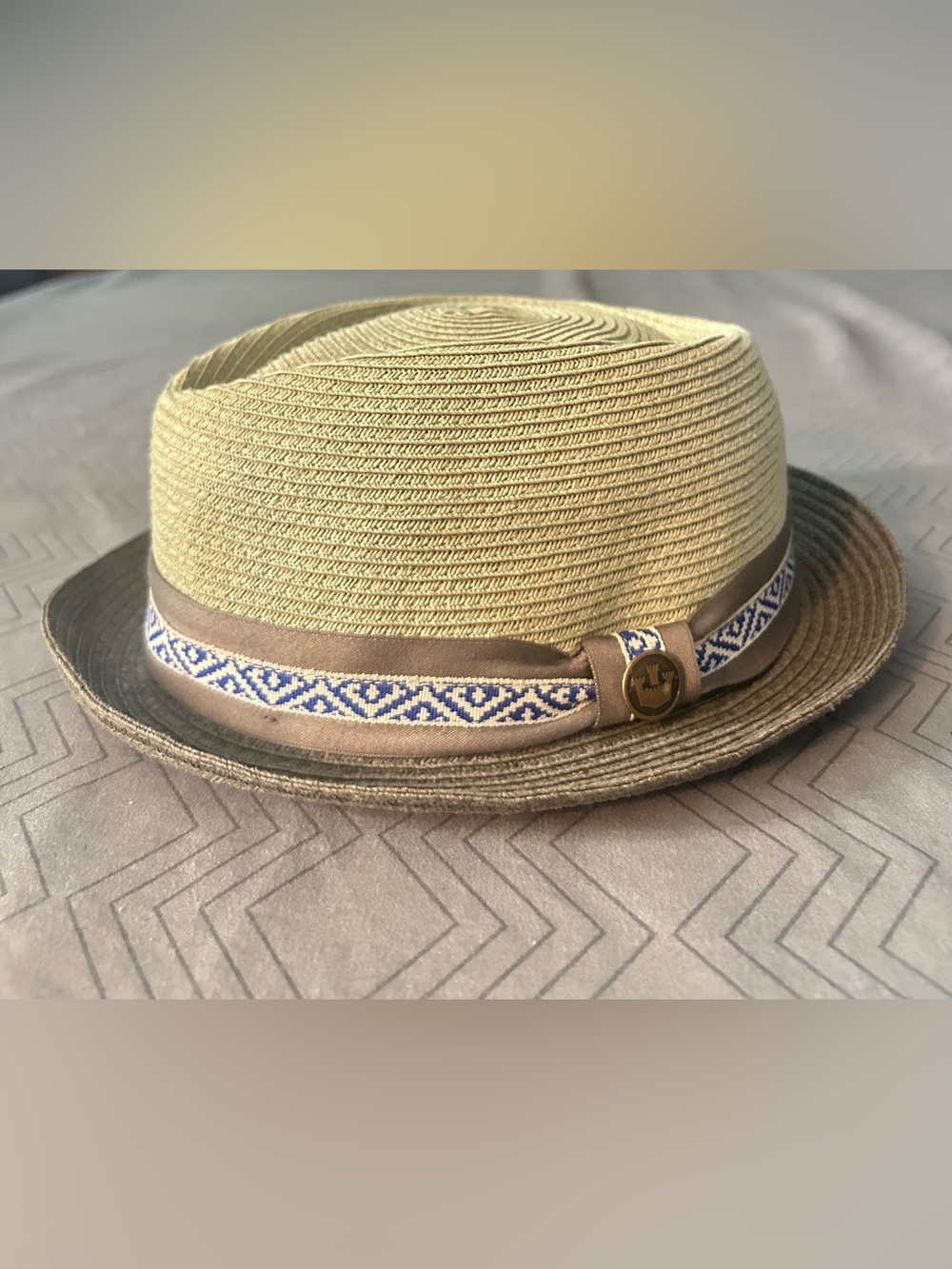 Goorin Bros Straw Trilby Fedora Hat Blue Pattern Band Size Large Summer Style
